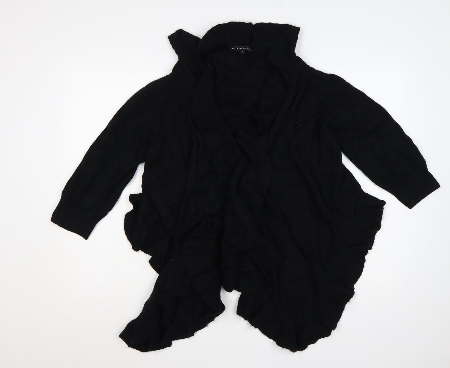 Betty Jackson Black Women Black L Ruffle Open Knit Roll Neck Cardigan