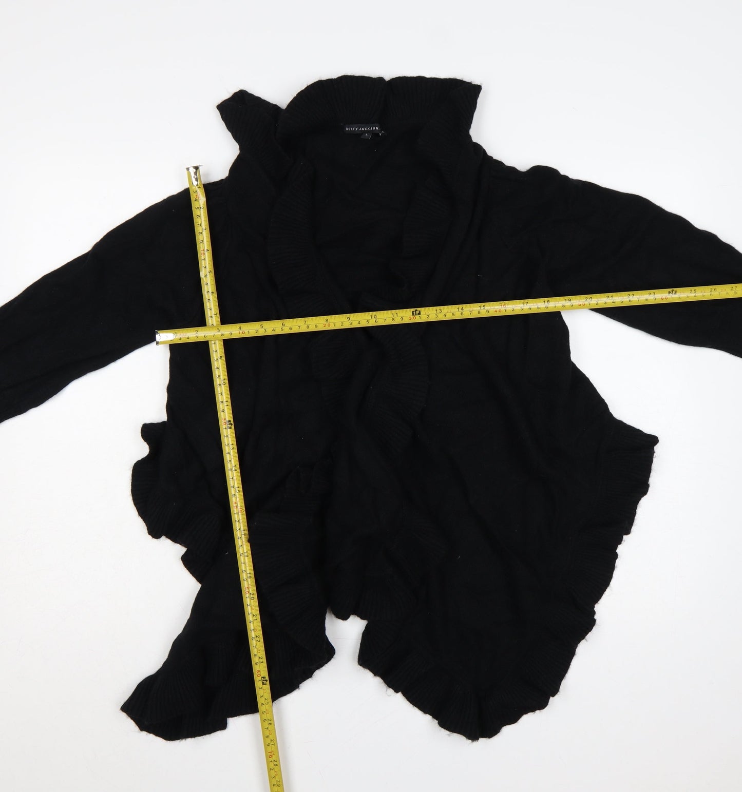 Betty Jackson Black Women Black L Ruffle Open Knit Roll Neck Cardigan
