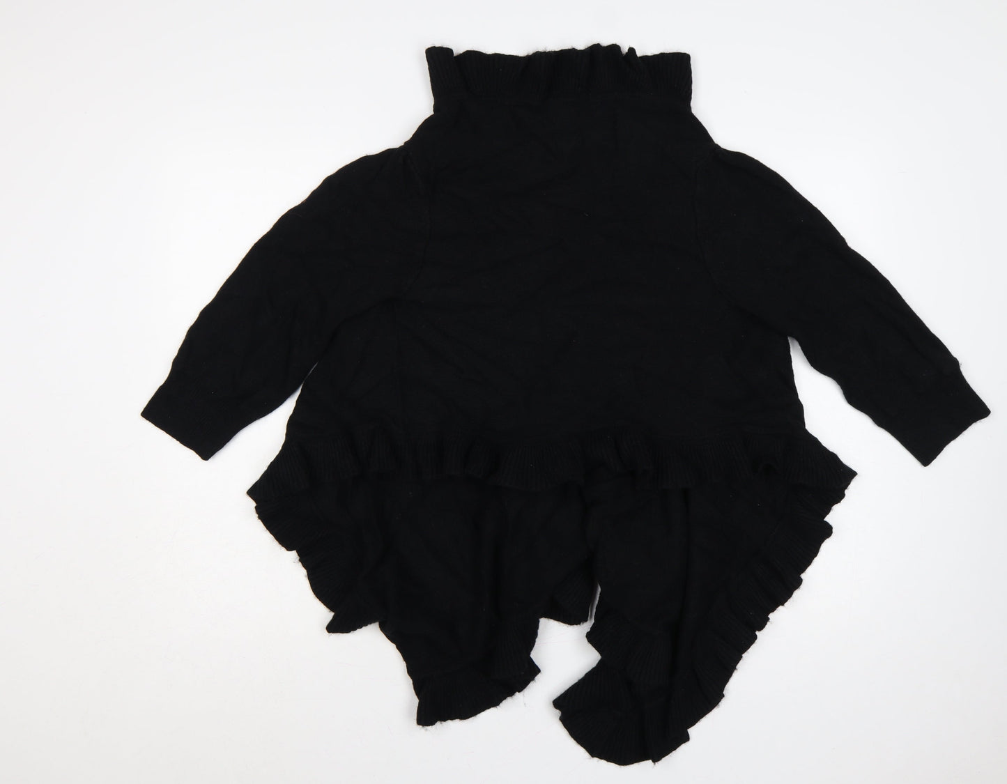 Betty Jackson Black Women Black L Ruffle Open Knit Roll Neck Cardigan
