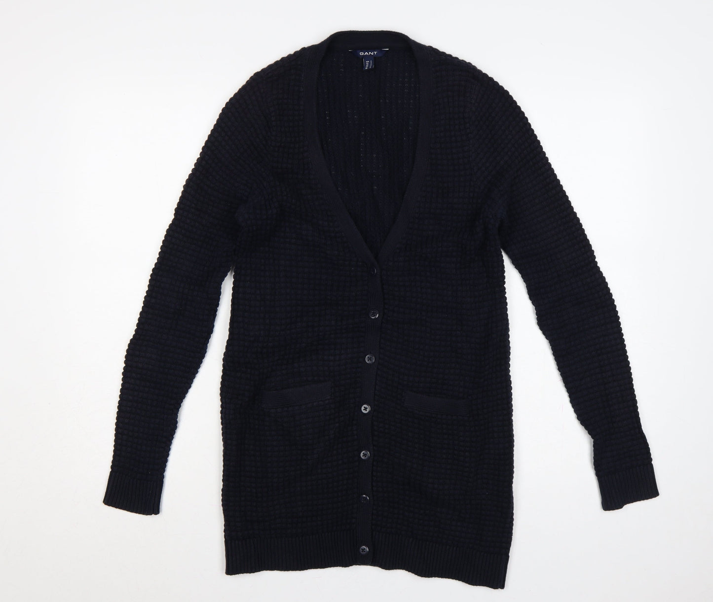 GANT Women’s Navy Blue S Waffle Knit V-Neck Button Cardigan