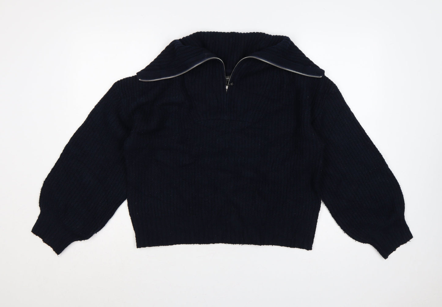 French Connection Women’s Blue M Rib Knit 1/4 Zip High Neck Jumper