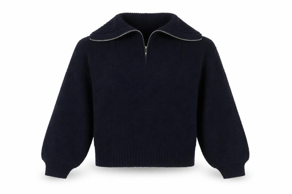 French Connection Women’s Blue M Rib Knit 1/4 Zip High Neck Jumper