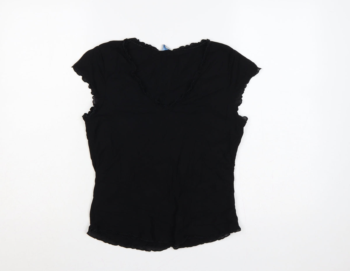 Oasis Women Black UK 14 Slim Basic Ruffle Trim Cap Sleeve T-Shirt