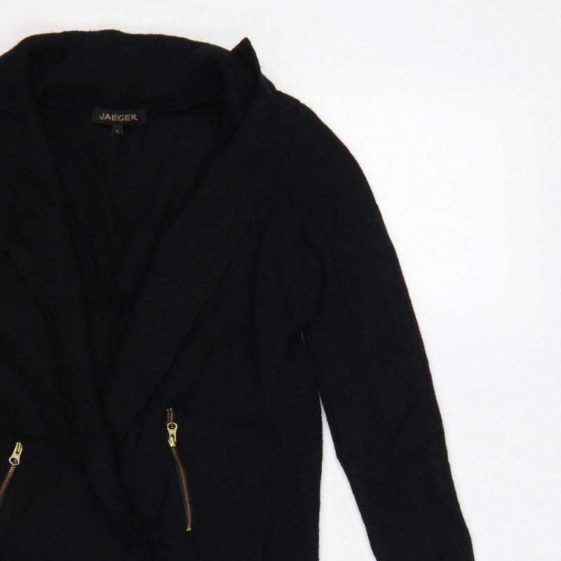 Jaeger Women’s Black S Long Open Knit Cardigan Gold Zip Pockets