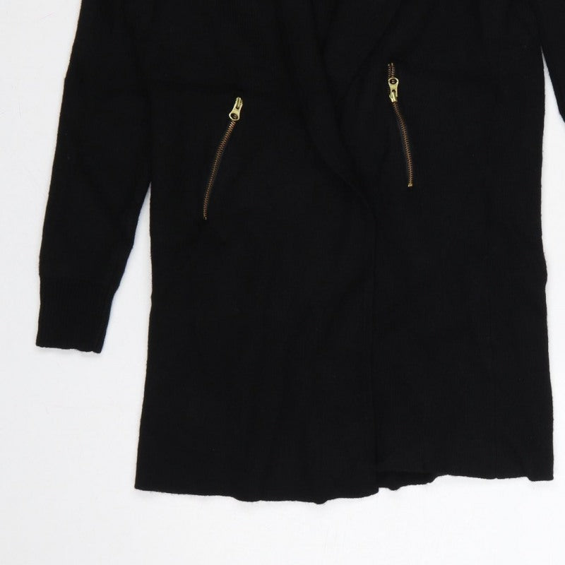 Jaeger Women’s Black S Long Open Knit Cardigan Gold Zip Pockets