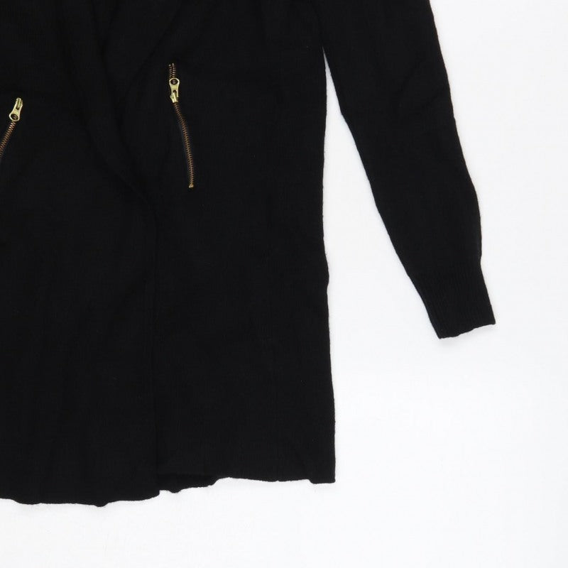 Jaeger Women’s Black S Long Open Knit Cardigan Gold Zip Pockets