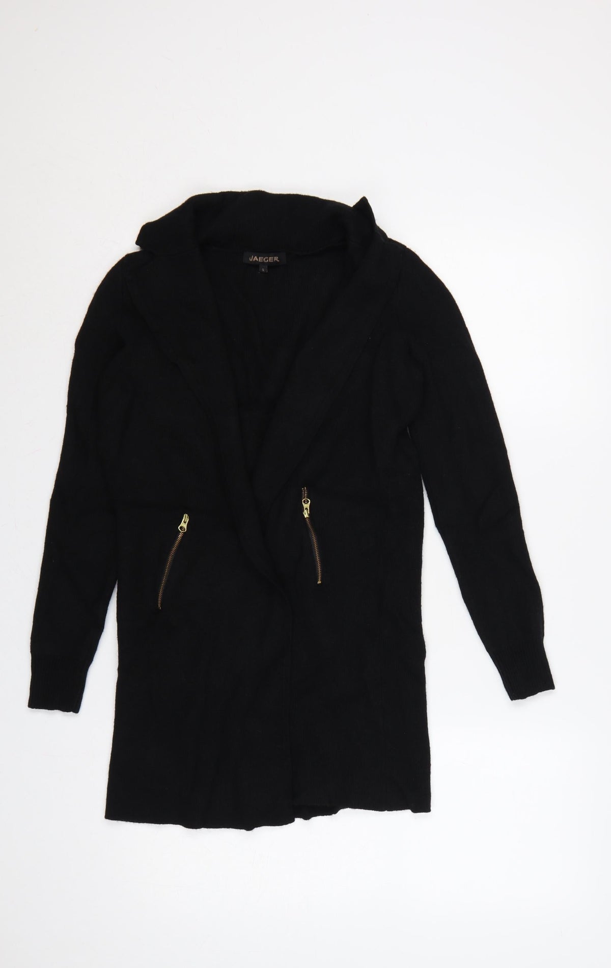 Jaeger Women’s Black S Long Open Knit Cardigan Gold Zip Pockets