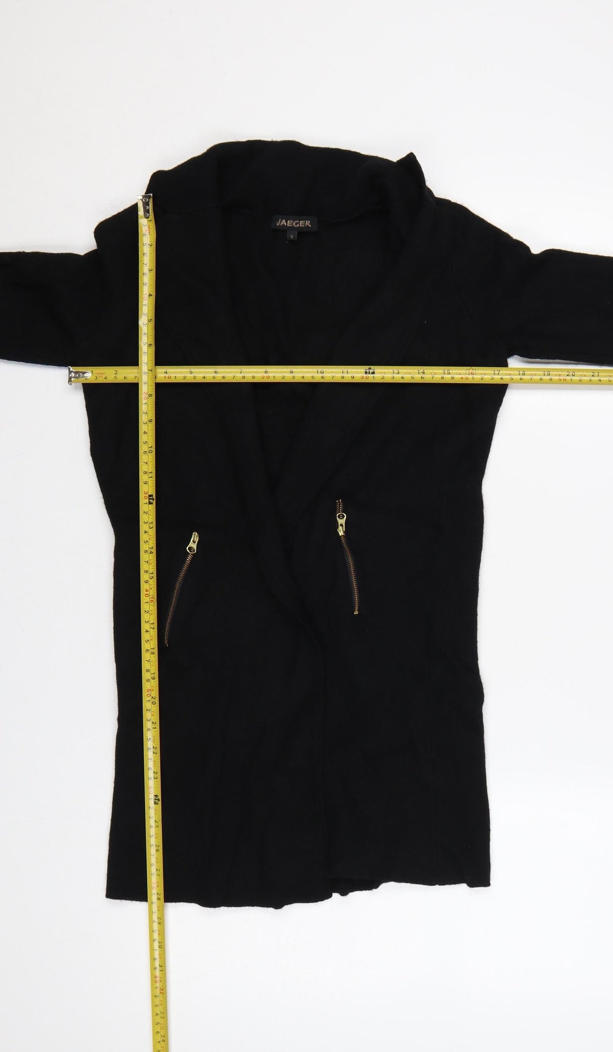 Jaeger Women’s Black S Long Open Knit Cardigan Gold Zip Pockets