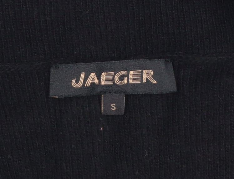 Jaeger Women’s Black S Long Open Knit Cardigan Gold Zip Pockets