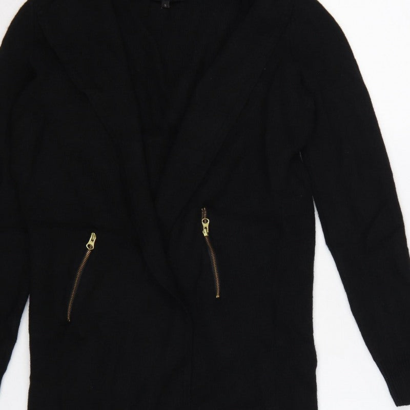Jaeger Women’s Black S Long Open Knit Cardigan Gold Zip Pockets