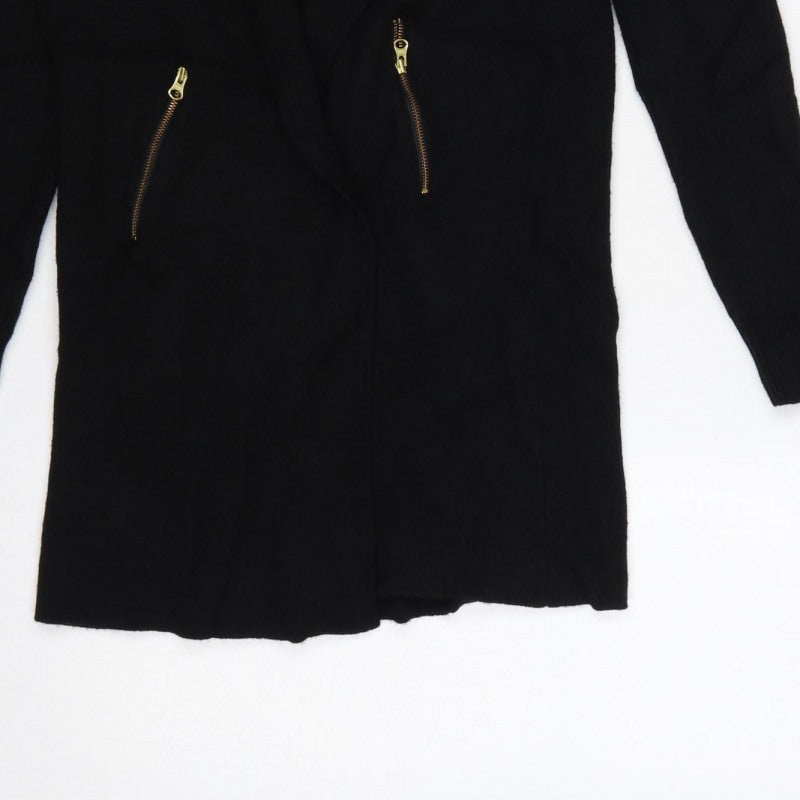 Jaeger Women’s Black S Long Open Knit Cardigan Gold Zip Pockets