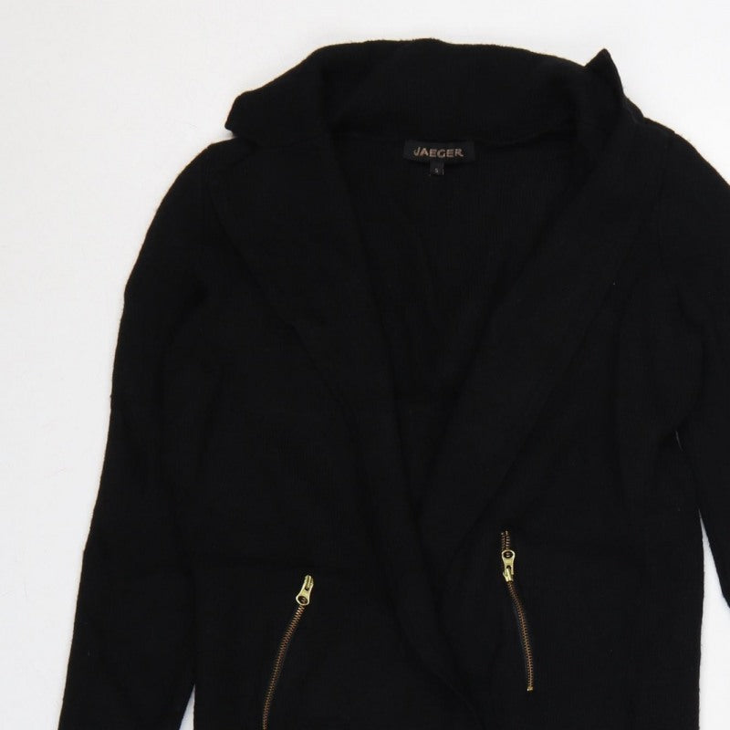 Jaeger Women’s Black S Long Open Knit Cardigan Gold Zip Pockets