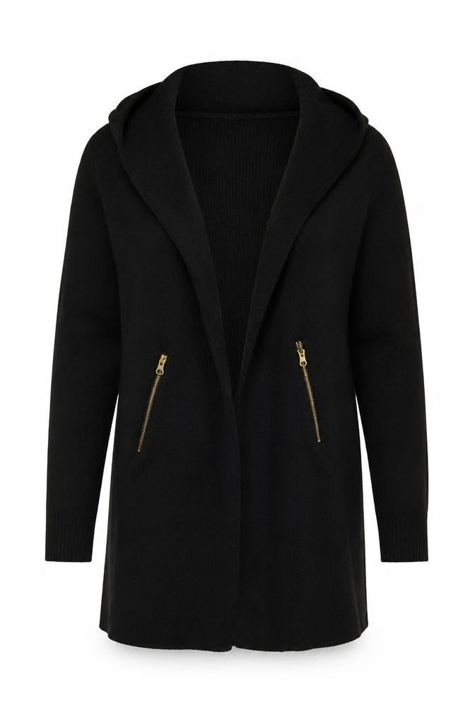 Jaeger Women’s Black S Long Open Knit Cardigan Gold Zip Pockets