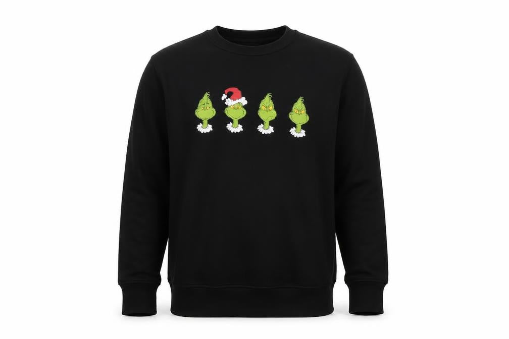 Front view of The Grinch Men’s Black S Christmas Graphic Print Crew Neck Sweatshirt