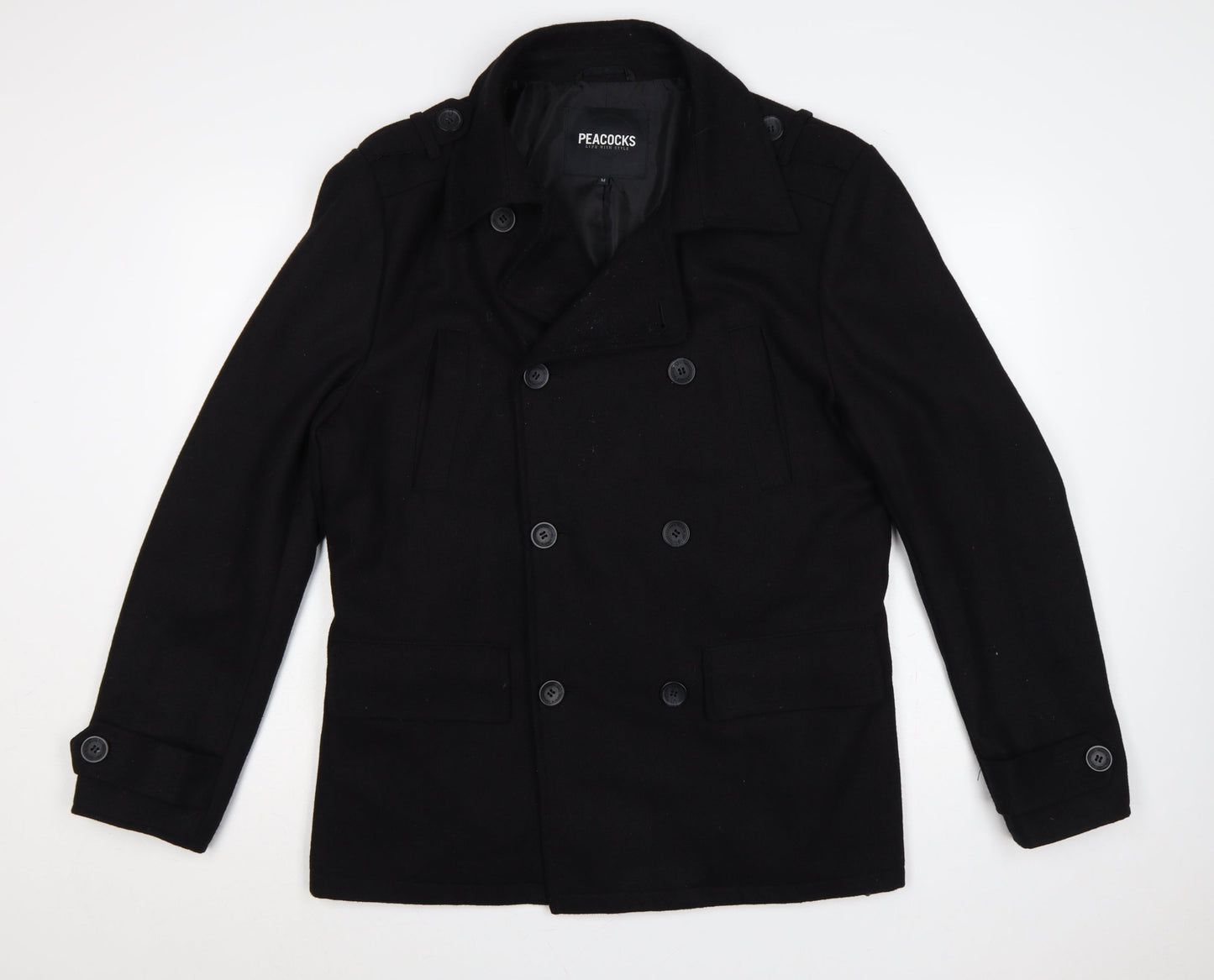 Peacocks Men’s Black M Wool Blend Pea Coat Double Breasted