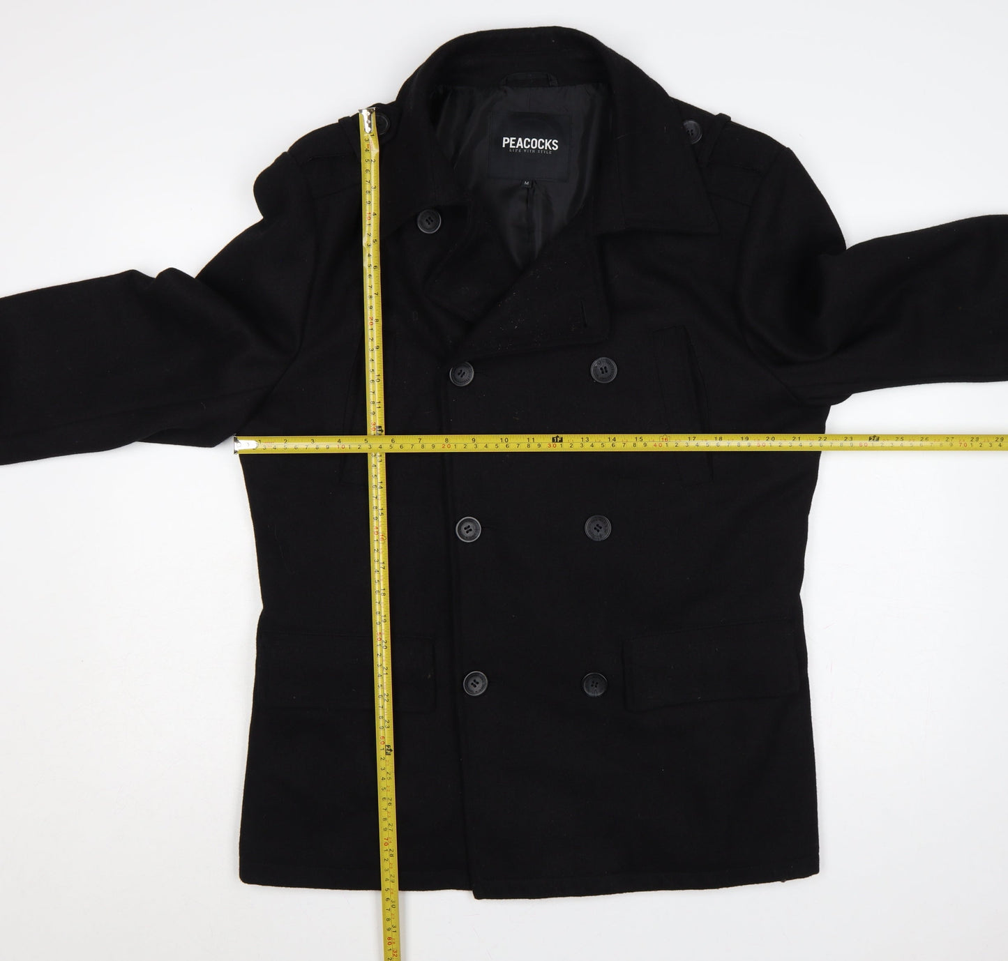 Peacocks Men’s Black M Wool Blend Pea Coat Double Breasted