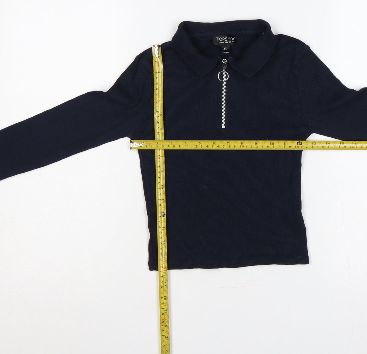 Topshop Women Blue UK 10 Slim Rib Knit Half Zip Collared Polo Top