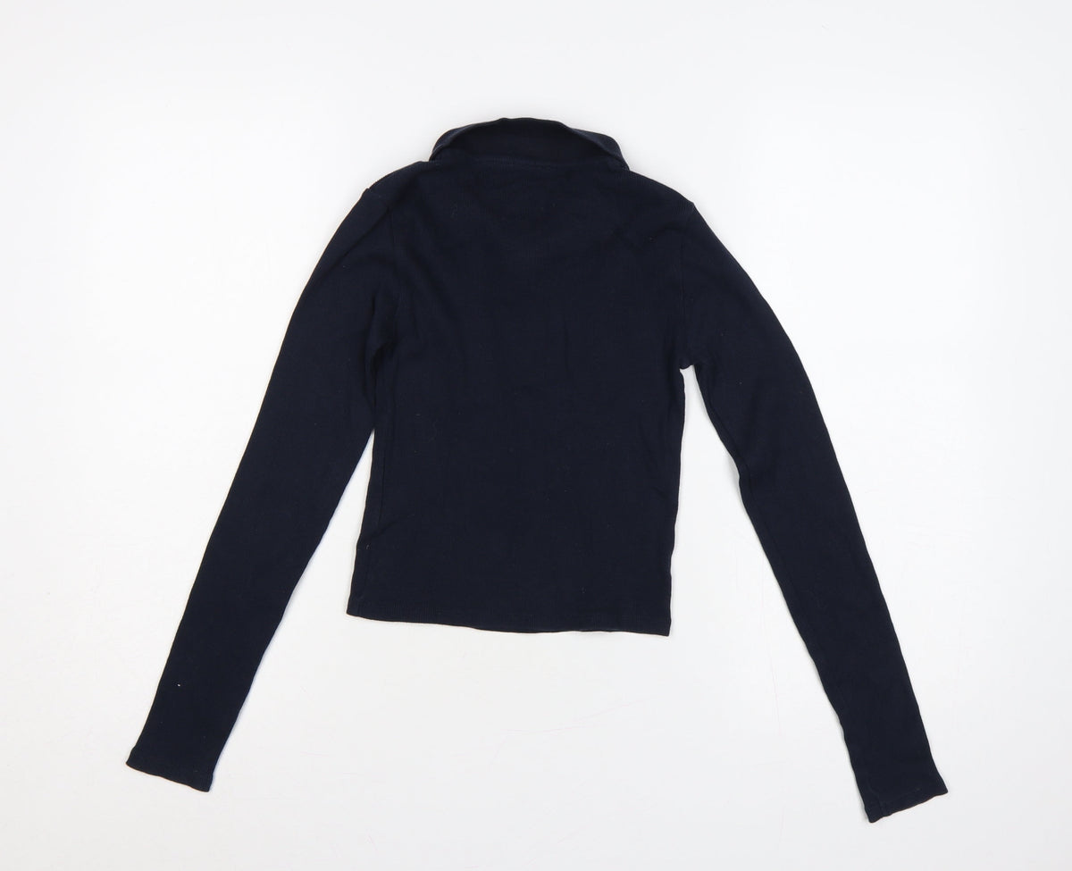 Topshop Women Blue UK 10 Slim Rib Knit Half Zip Collared Polo Top
