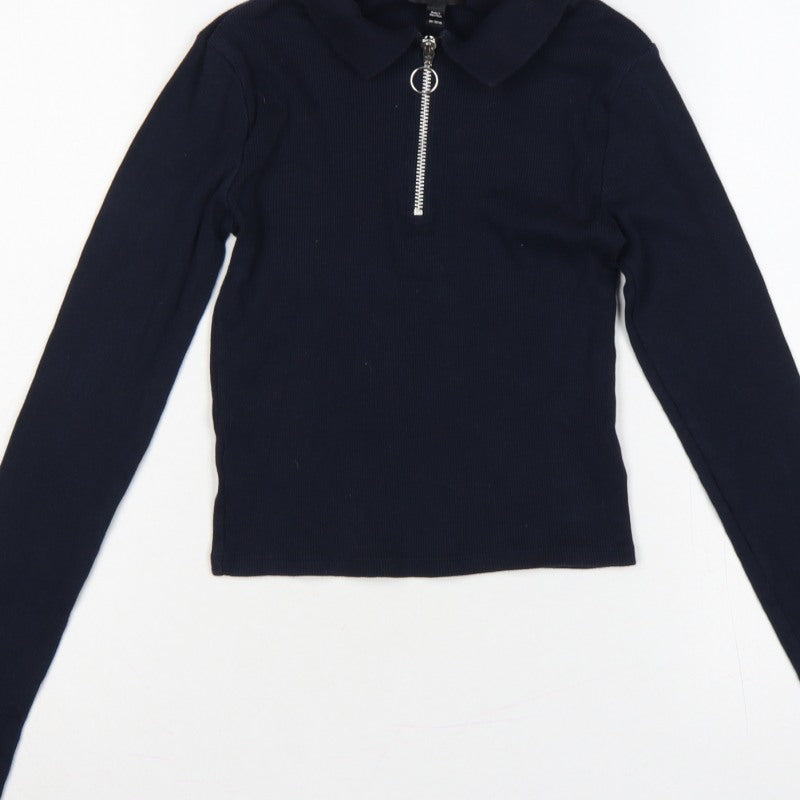 Topshop Women Blue UK 10 Slim Rib Knit Half Zip Collared Polo Top