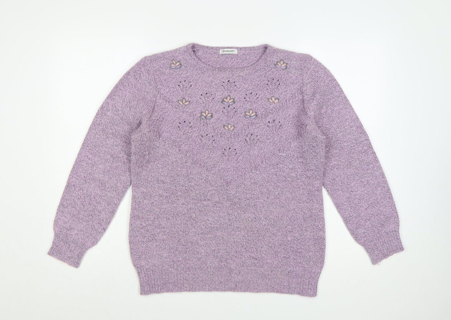 Damart Women Purple UK 16 Floral Embroidered Knit Pullover Jumper