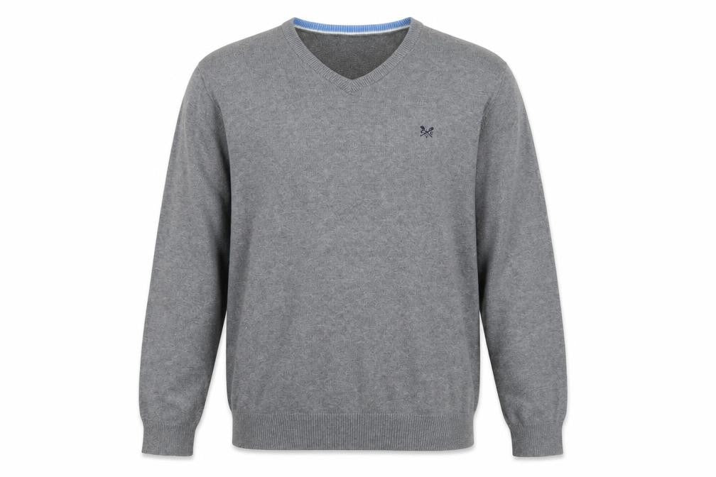Crew Clothing Company Men’s Grey L Cotton Cashmere V-Neck Pullover Jumper