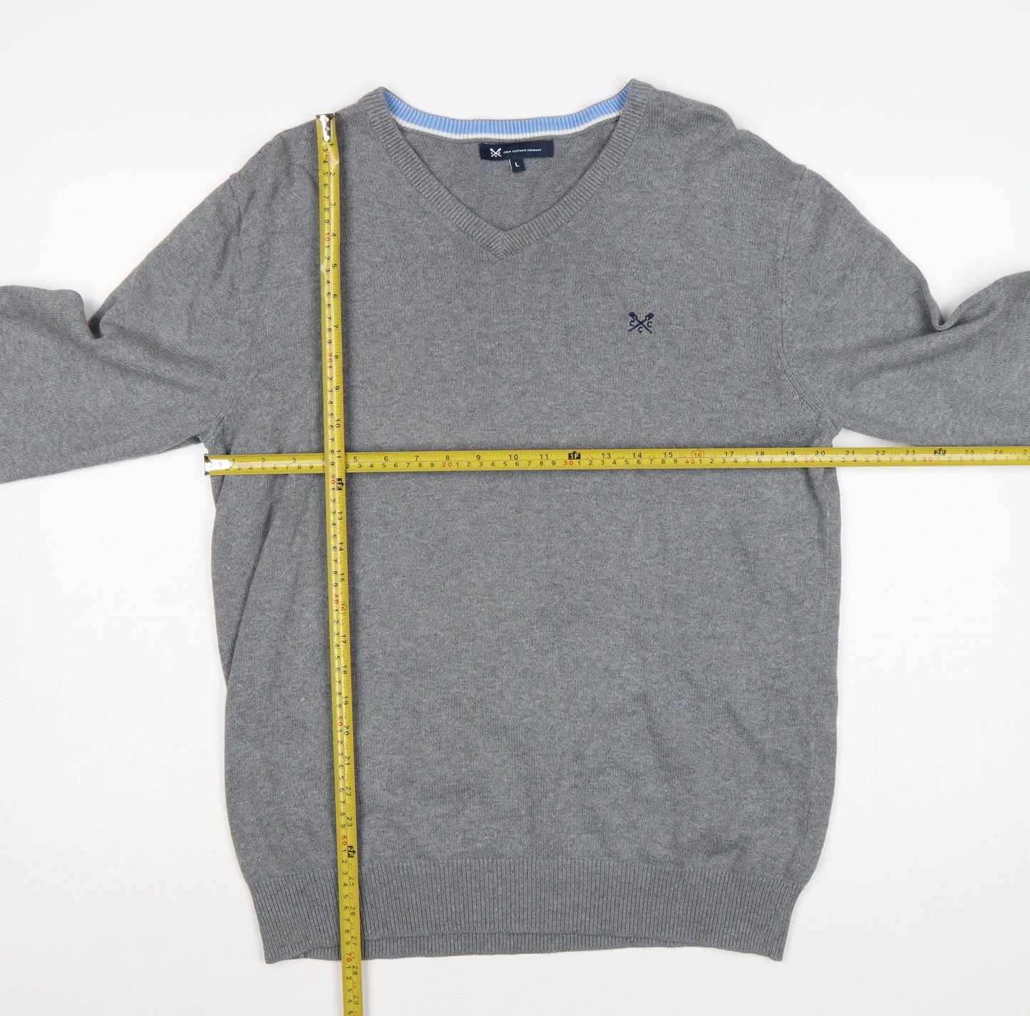 Crew Clothing Company Men’s Grey L Cotton Cashmere V-Neck Pullover Jumper