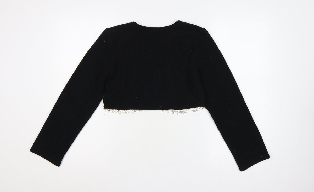 Zara Women Black S Cropped Knit Jumper Silver Beaded Hem Long Sleeve
