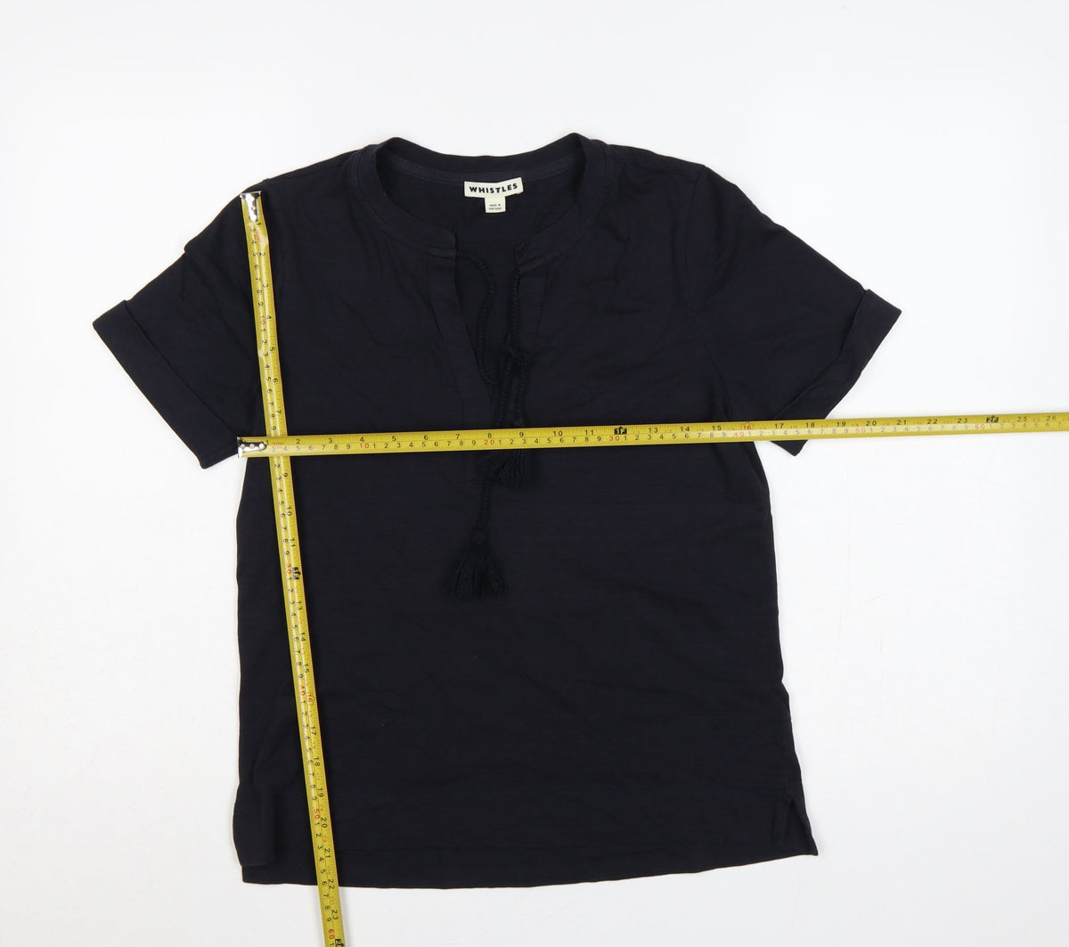 Whistles Women Black UK 8 Cotton Tassel Tie Tunic Blouse Short Sleeve
