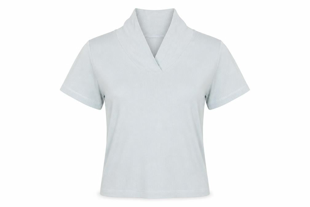 Orvis Women Blue M Ribbed Cotton Blend Short Sleeve Polo Top