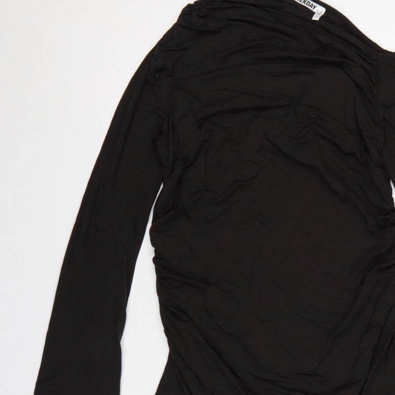 Weekday Women Black XL One Shoulder Ruched Long Sleeve Fit & Flare Dress
