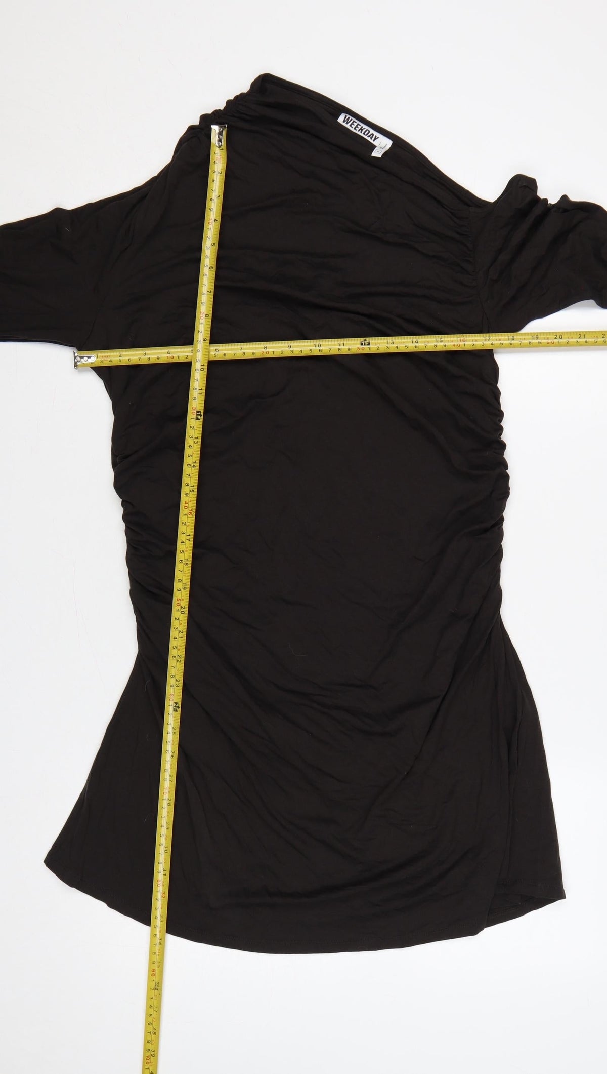 Weekday Women Black XL One Shoulder Ruched Long Sleeve Fit & Flare Dress