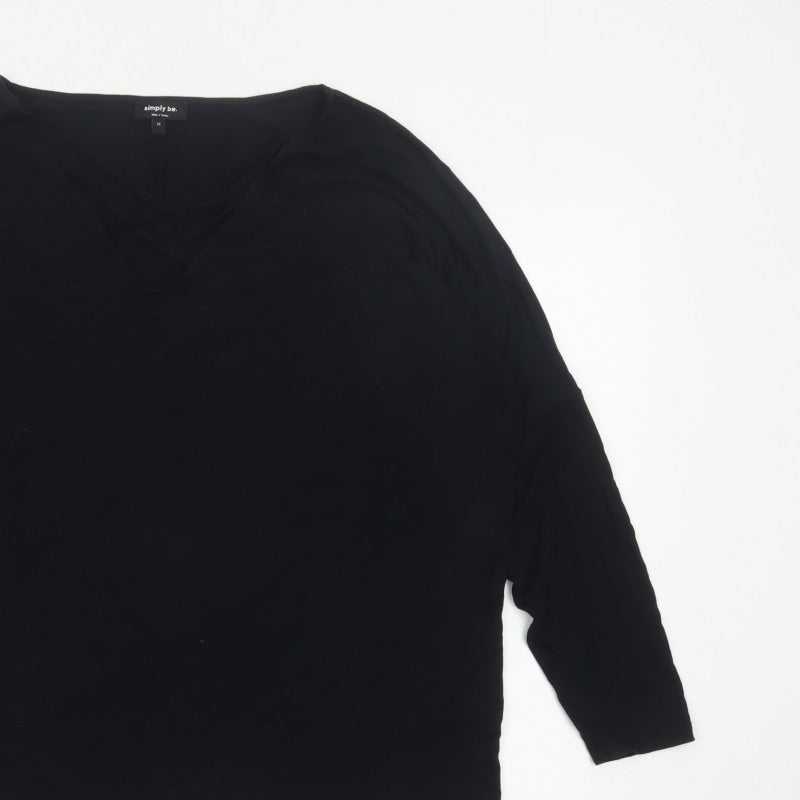 Simply Be Women’s Black Size 22 V-Neck Strap Detail 3/4 Sleeve Blouse
