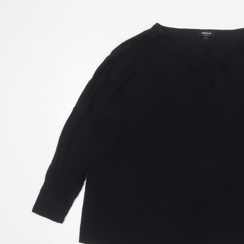 Simply Be Women’s Black Size 22 V-Neck Strap Detail 3/4 Sleeve Blouse