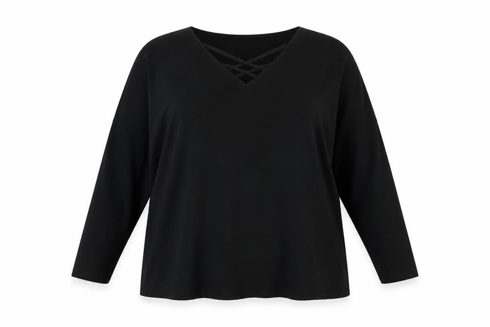 Simply Be Women’s Black Size 22 V-Neck Strap Detail 3/4 Sleeve Blouse