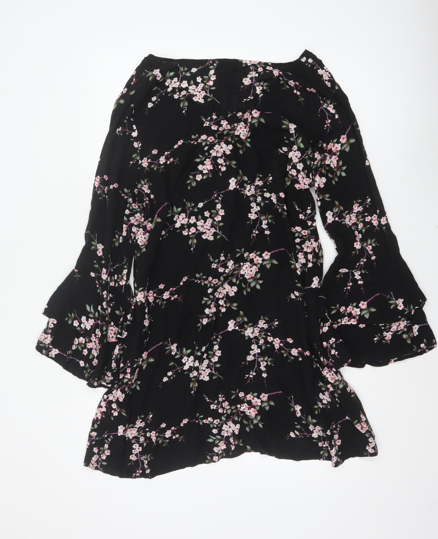 Apricot Women Black Floral UK 14 Fit & Flare V-Neck Bell Sleeve Dress