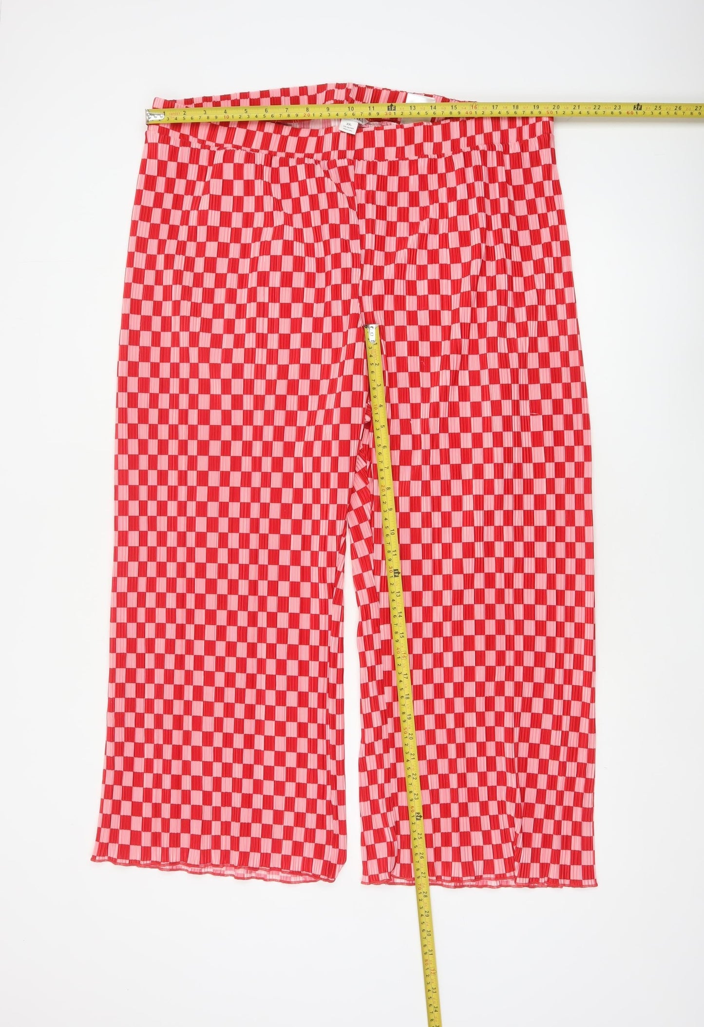 Monki Women’s Red Pink Check Pleated Wide-Leg Trousers 2XL