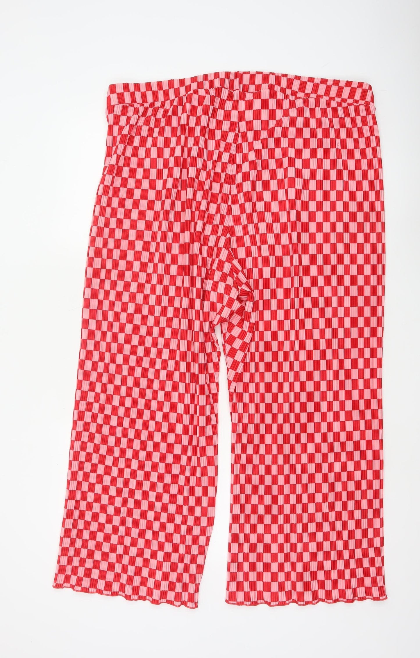 Monki Women’s Red Pink Check Pleated Wide-Leg Trousers 2XL