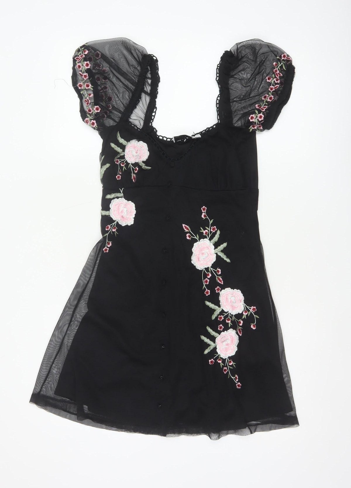 ASOS Design Women Black UK 6 Skater Dress Floral Embroidered Mesh