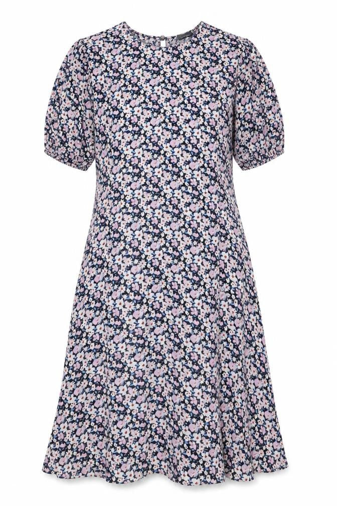 Marks & Spencer Women Black Floral UK 22 Midi Fit & Flare Puff Sleeve Dress
