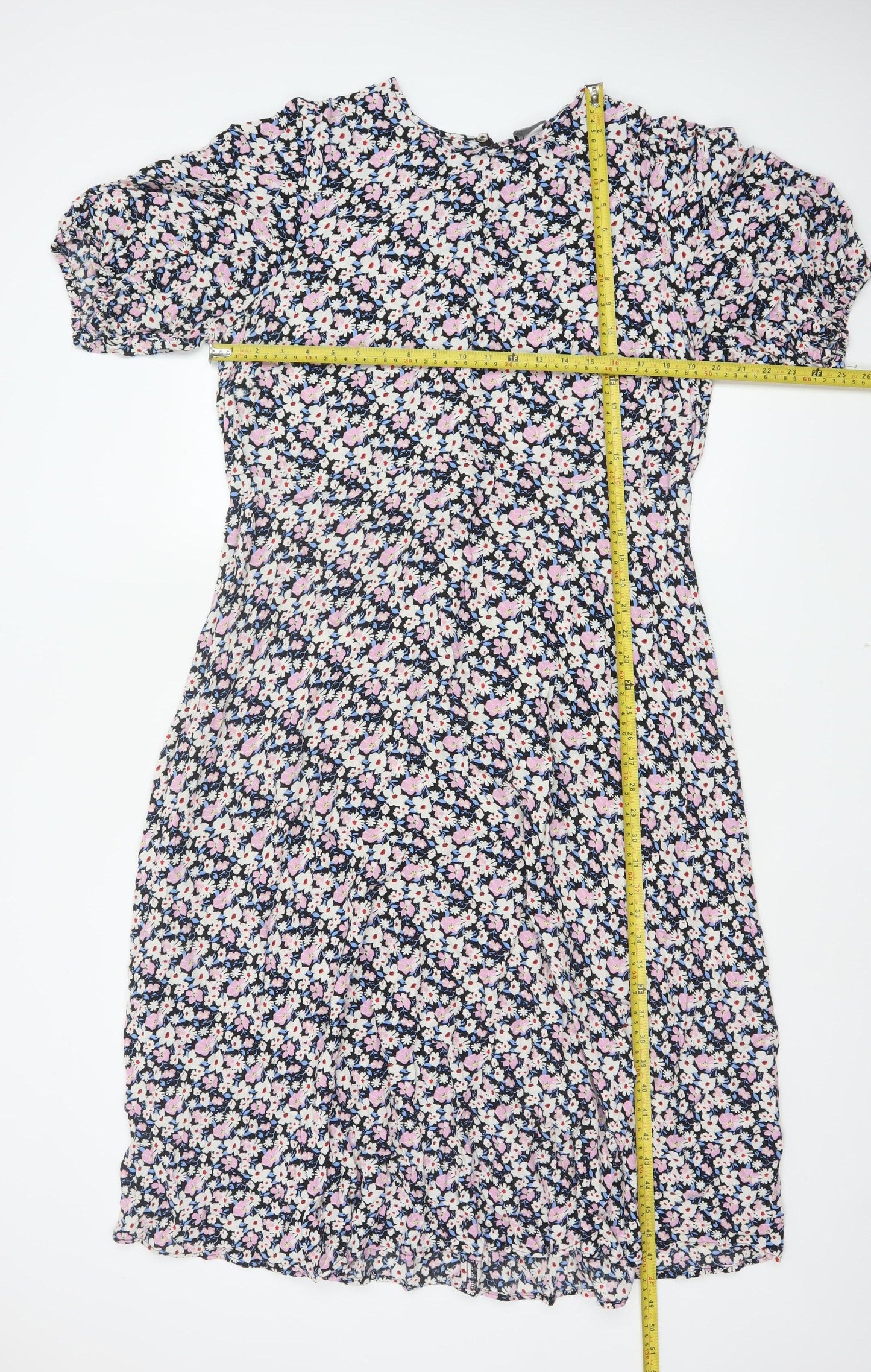 Marks & Spencer Women Black Floral UK 22 Midi Fit & Flare Puff Sleeve Dress