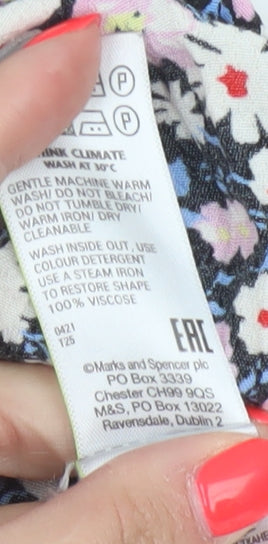 Marks & Spencer Women Black Floral UK 22 Midi Fit & Flare Puff Sleeve Dress