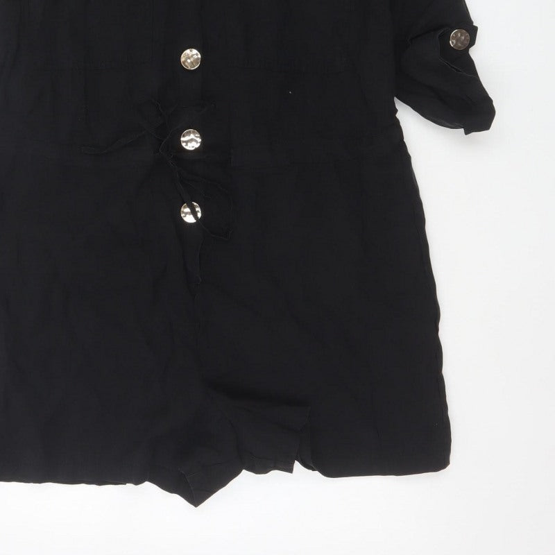 River Island Women Black Size 10 Utility Button Belted Long Sleeve Playsuit