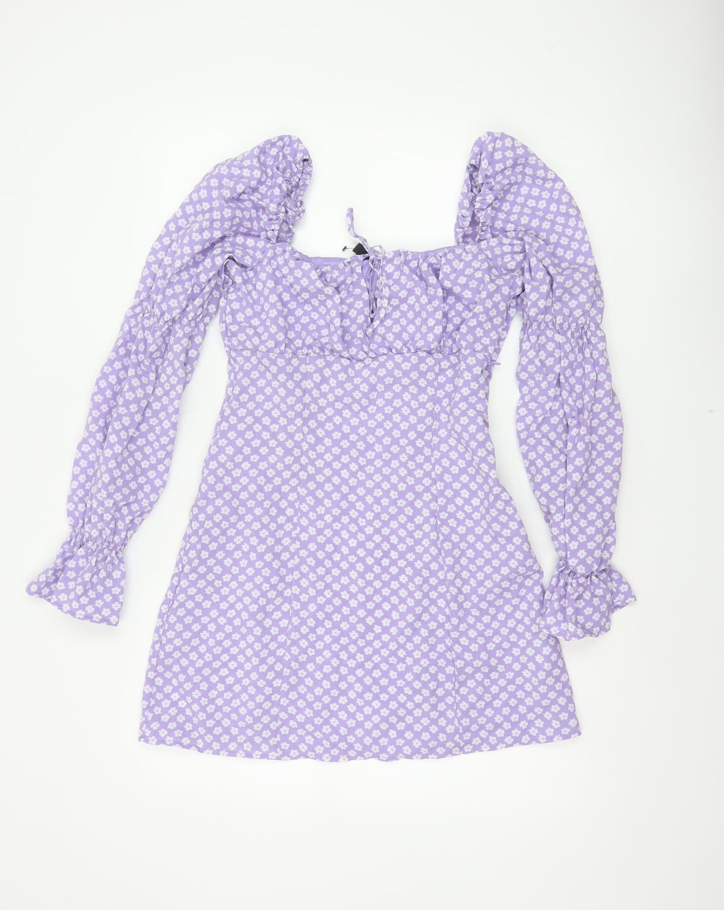 H&M Women Purple Floral UK 8 Fit & Flare Puff Sleeve Mini Dress