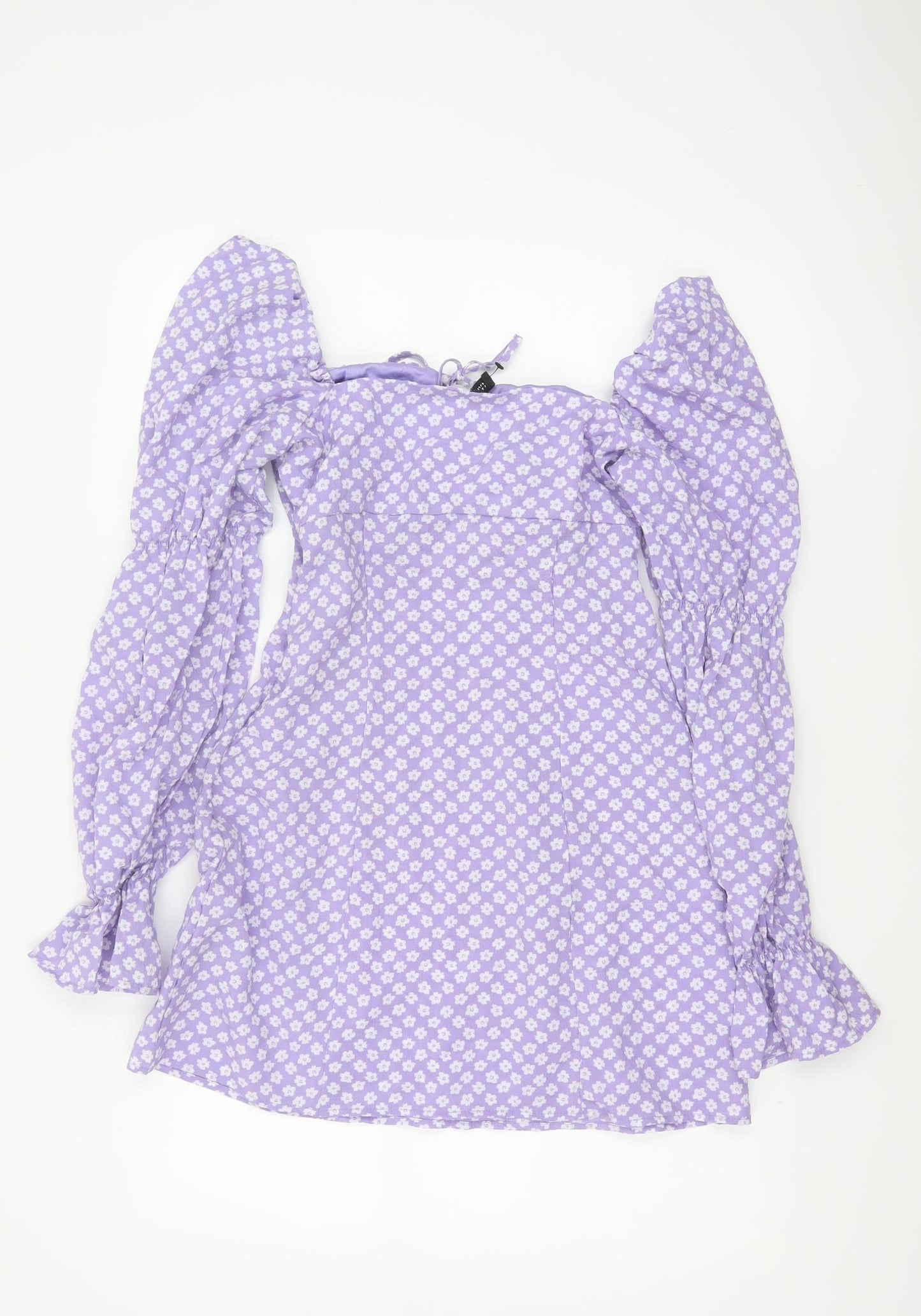 H&M Women Purple Floral UK 8 Fit & Flare Puff Sleeve Mini Dress