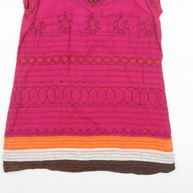 Monsoon Women Pink UK 12 Embroidered Tunic Blouse Short Sleeve