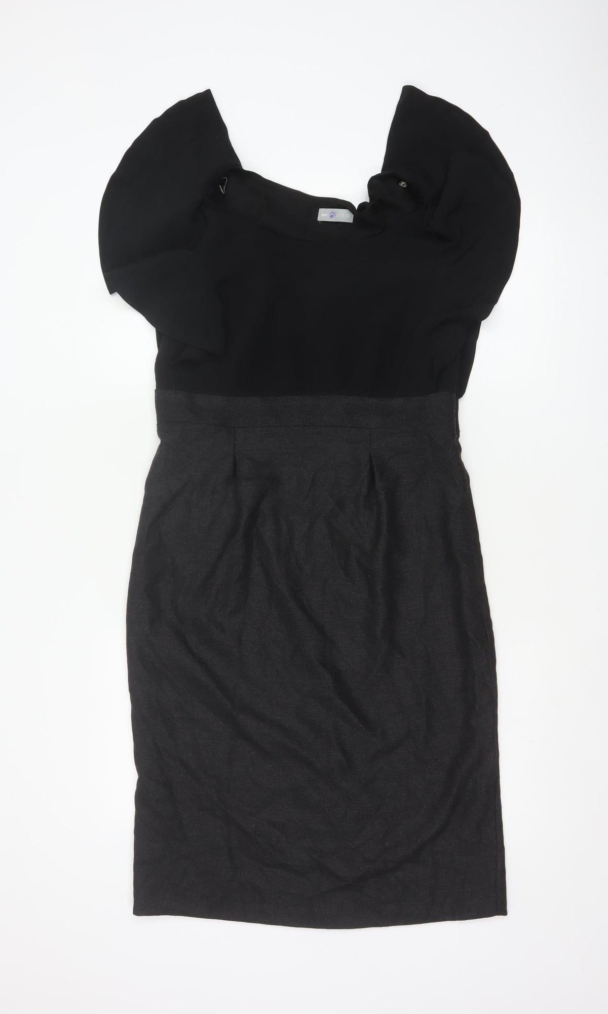 Per Una Women Black & Grey UK 12 Pencil Dress Puff Sleeve Workwear