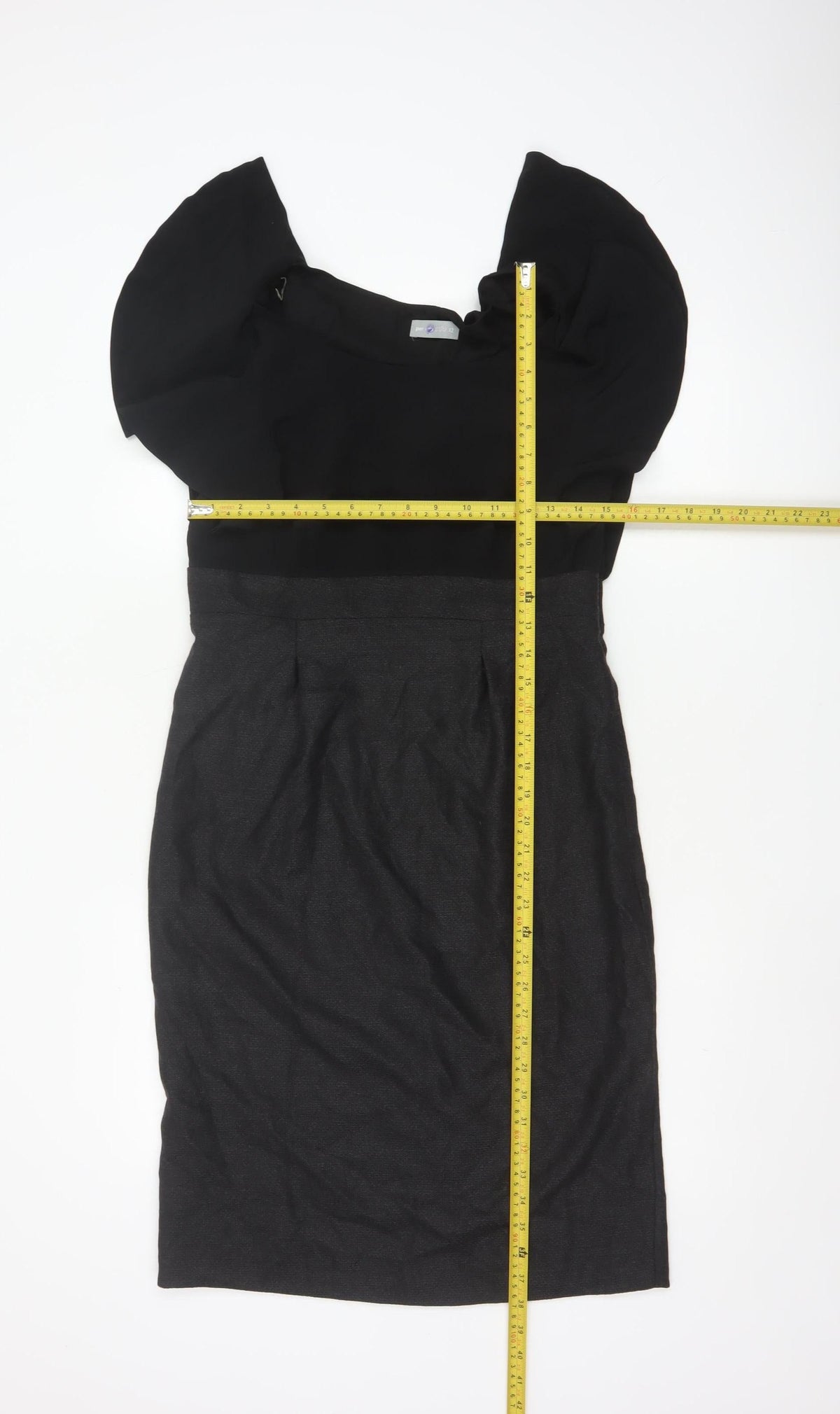 Per Una Women Black & Grey UK 12 Pencil Dress Puff Sleeve Workwear