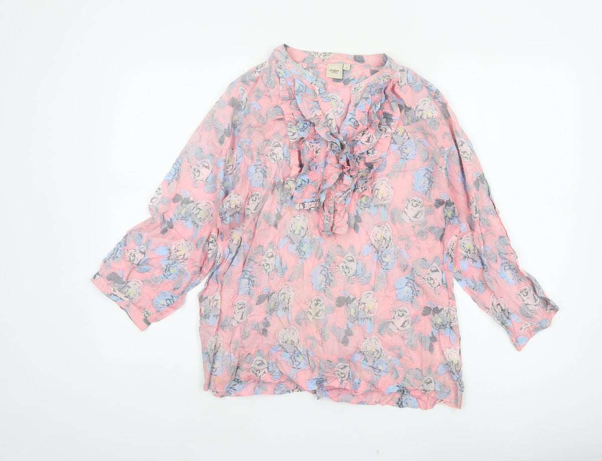 Cotton Traders Women Pink Floral Ruffle V-Neck Tunic Blouse UK 14