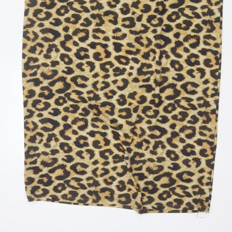 Pull&Bear Women Brown Leopard Print XL Asymmetric Midi Pencil Skirt