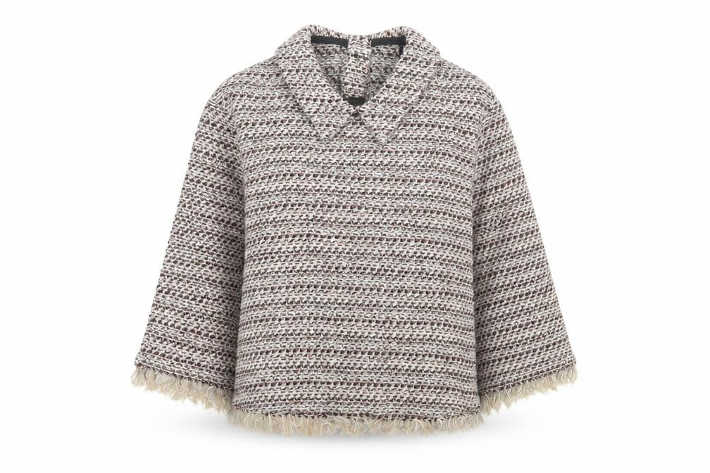 Zara Women Multicoloured XS Tweed Fringe Collared Long Sleeve Blouse